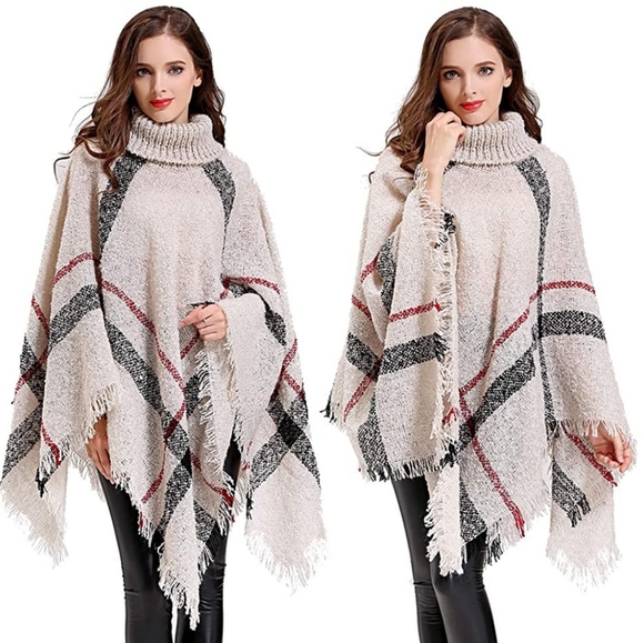 🌸Boho Loose Tassel Plaid Poncho Turtleneck Jmper - Picture 3 of 4